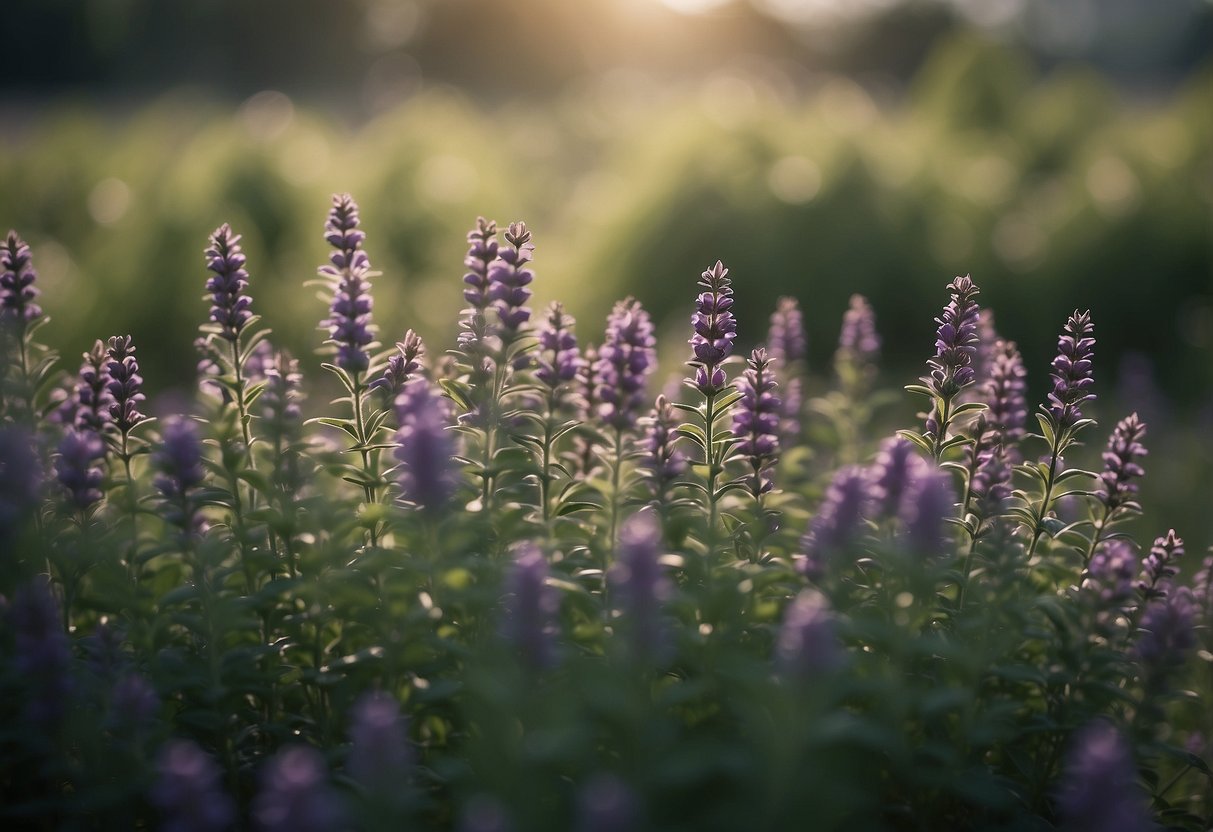 A field of green plants with long, slender leaves and small purple flowers, resembling sage