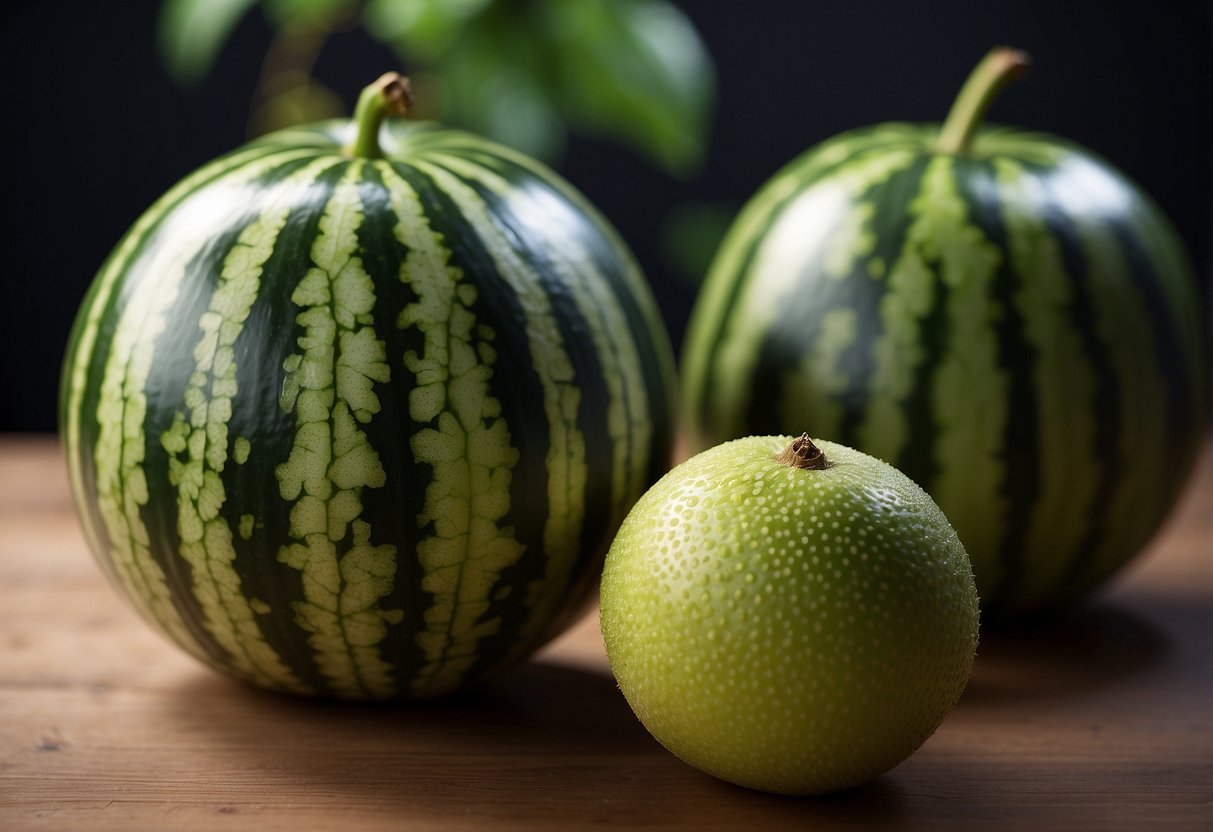 A round, green fruit with dark green stripes and a pale yellow spot on one side, resembling a watermelon