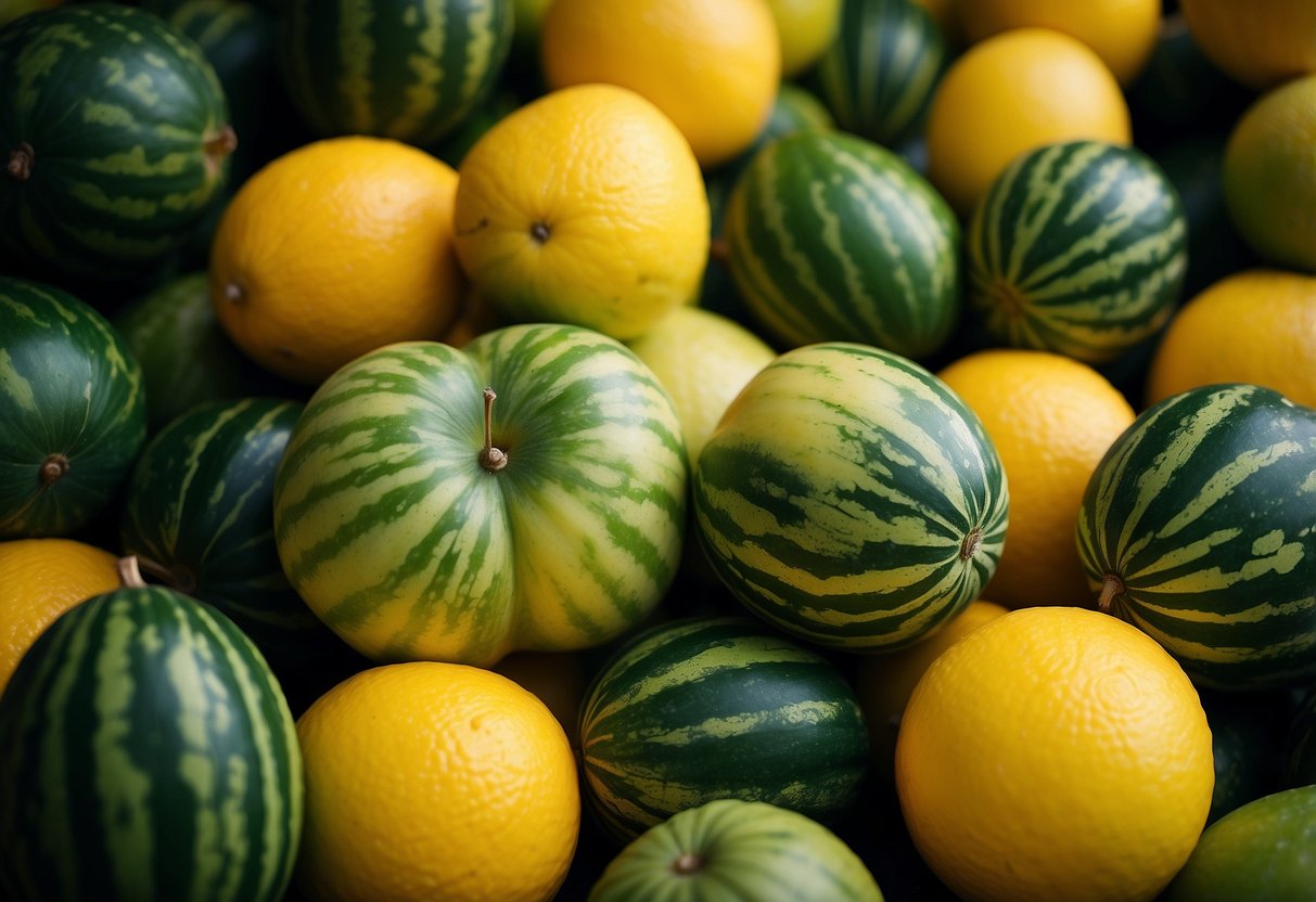 A pile of round, green and yellow fruits, with dark green stripes, resembling watermelons