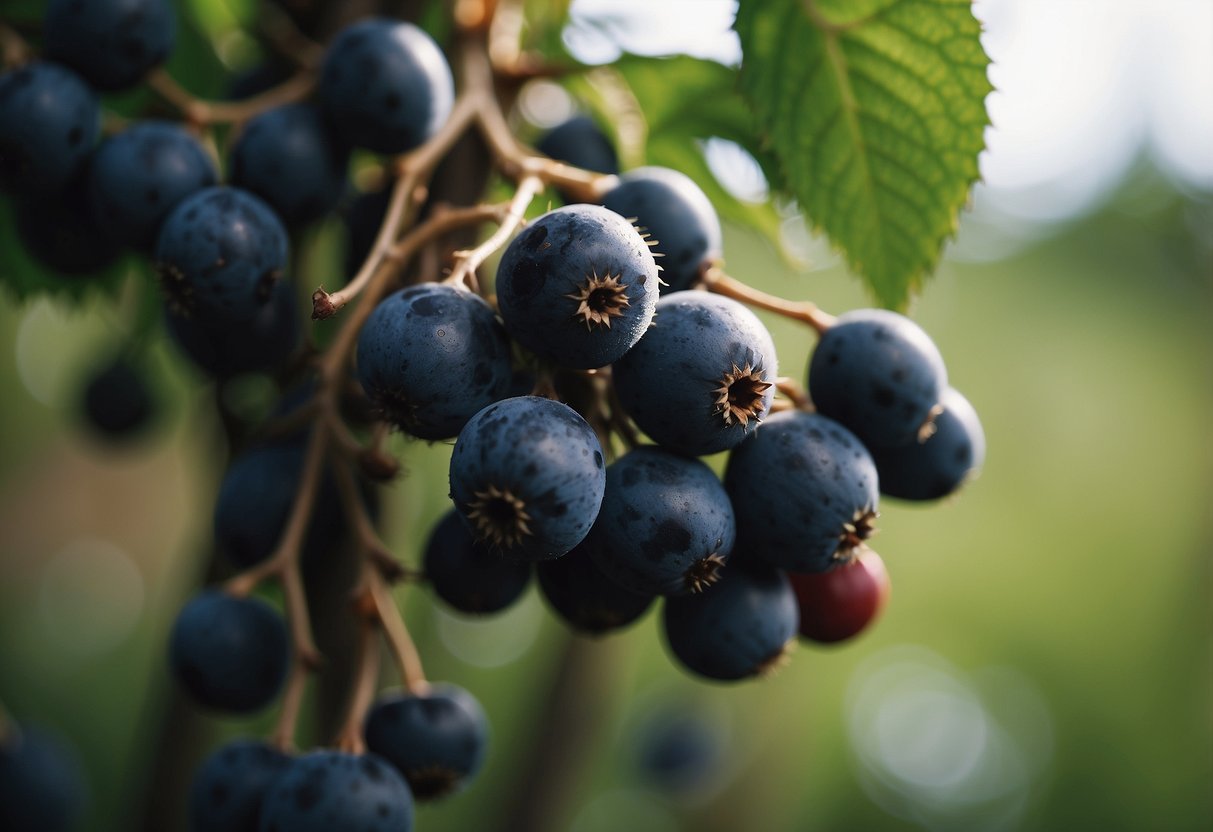 A thorny plant with dark, juicy berries hangs from tangled vines