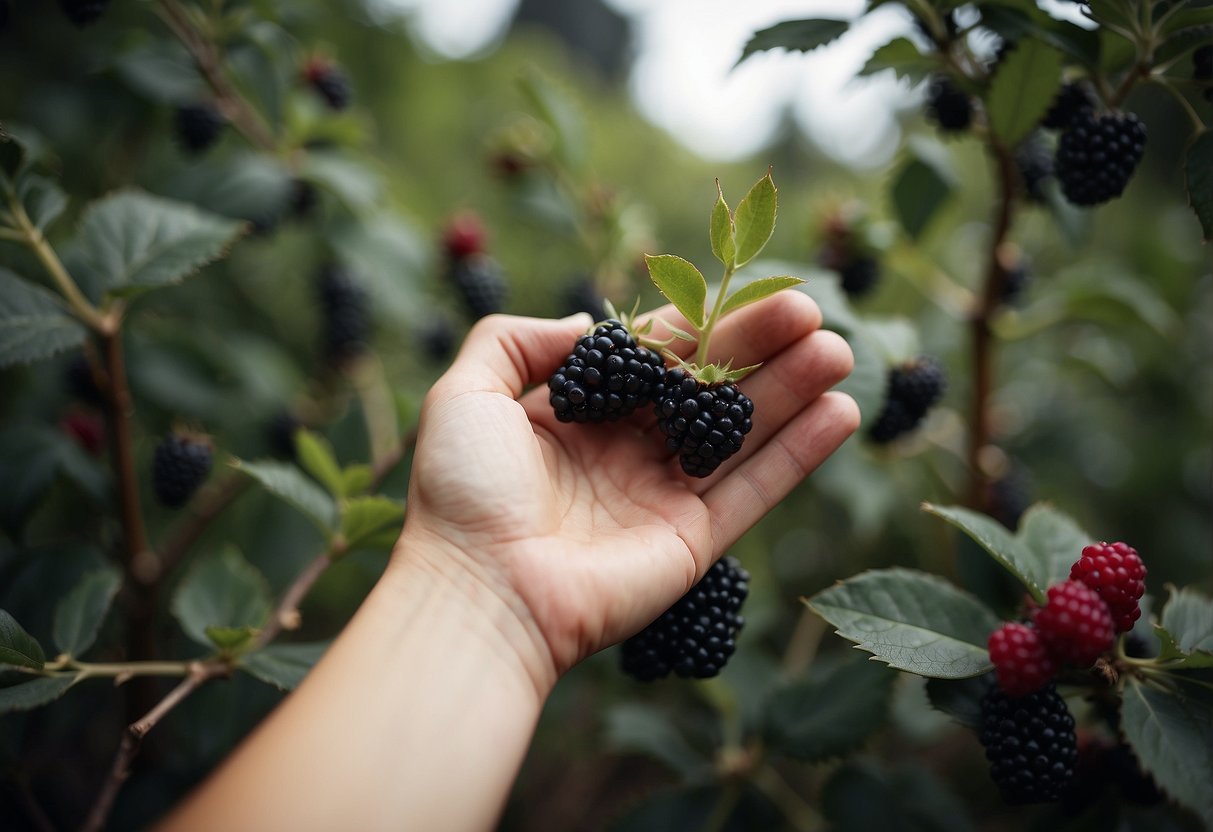 A hand reaching for a plant with thorny stems and dark, juicy-looking berries