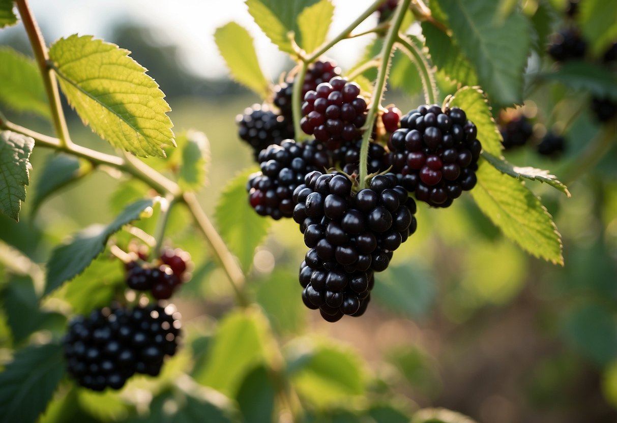 A sprawling blackberry-like plant grows in a sunny field, its thorny vines reaching out in all directions. Berries hang in clusters, ready for harvest