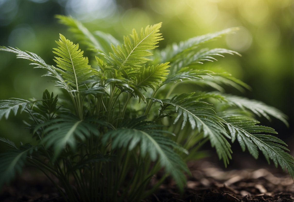 A green plant with feathery foliage resembling carrot leaves