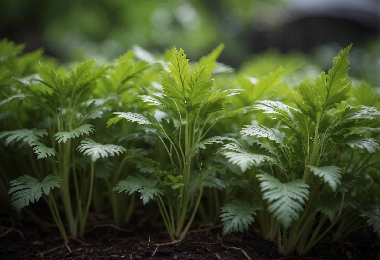 Lush green foliage resembling carrot leaves, with distinct serrated edges and long, slender stems