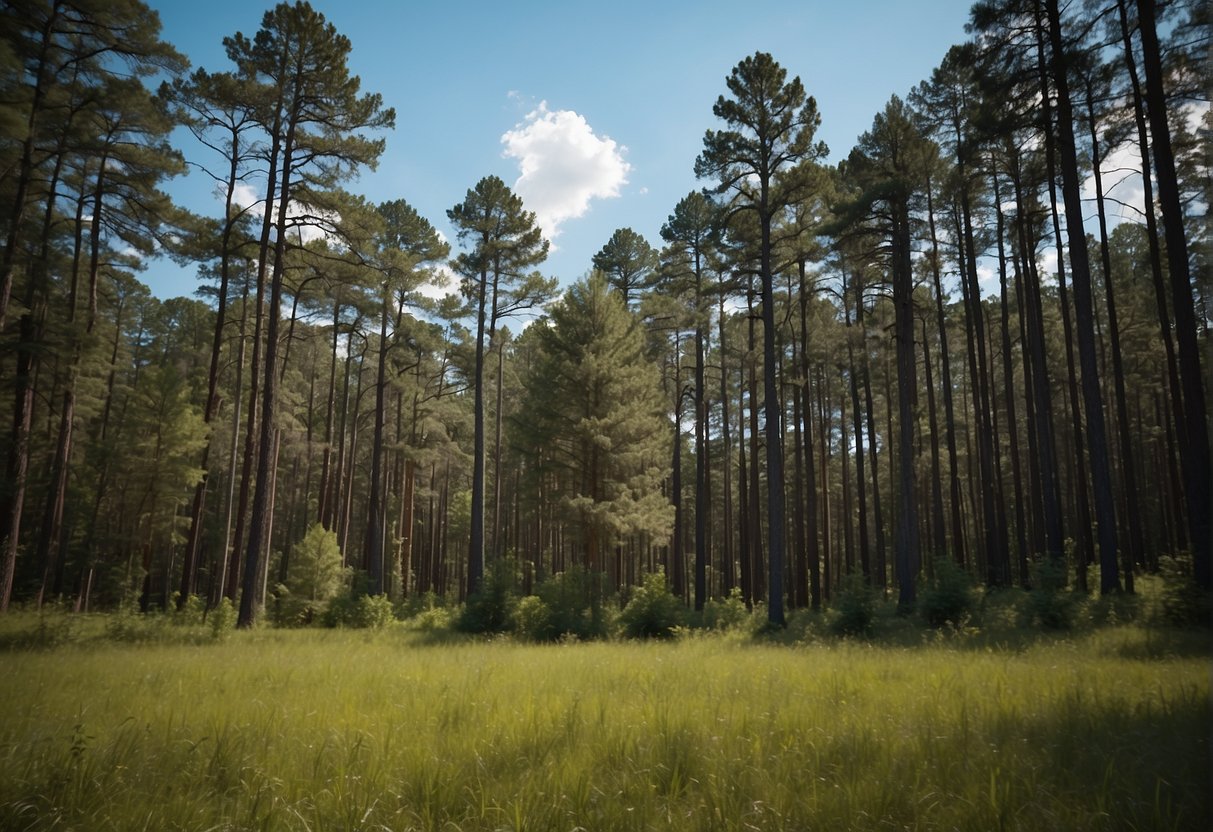 Tall evergreen trees stand against a blue sky in Alabama