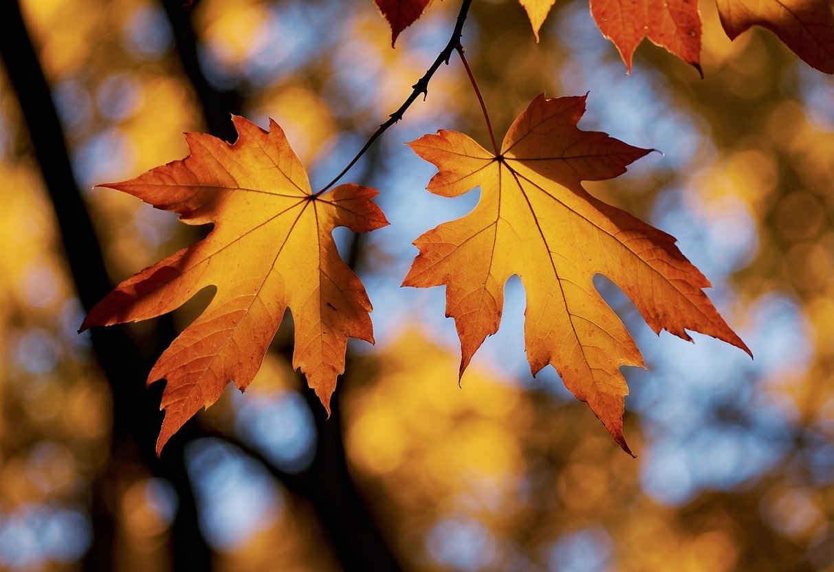 Vibrant red, orange, and yellow maple trees fill the Wisconsin forest, their leaves glowing in the autumn sunlight