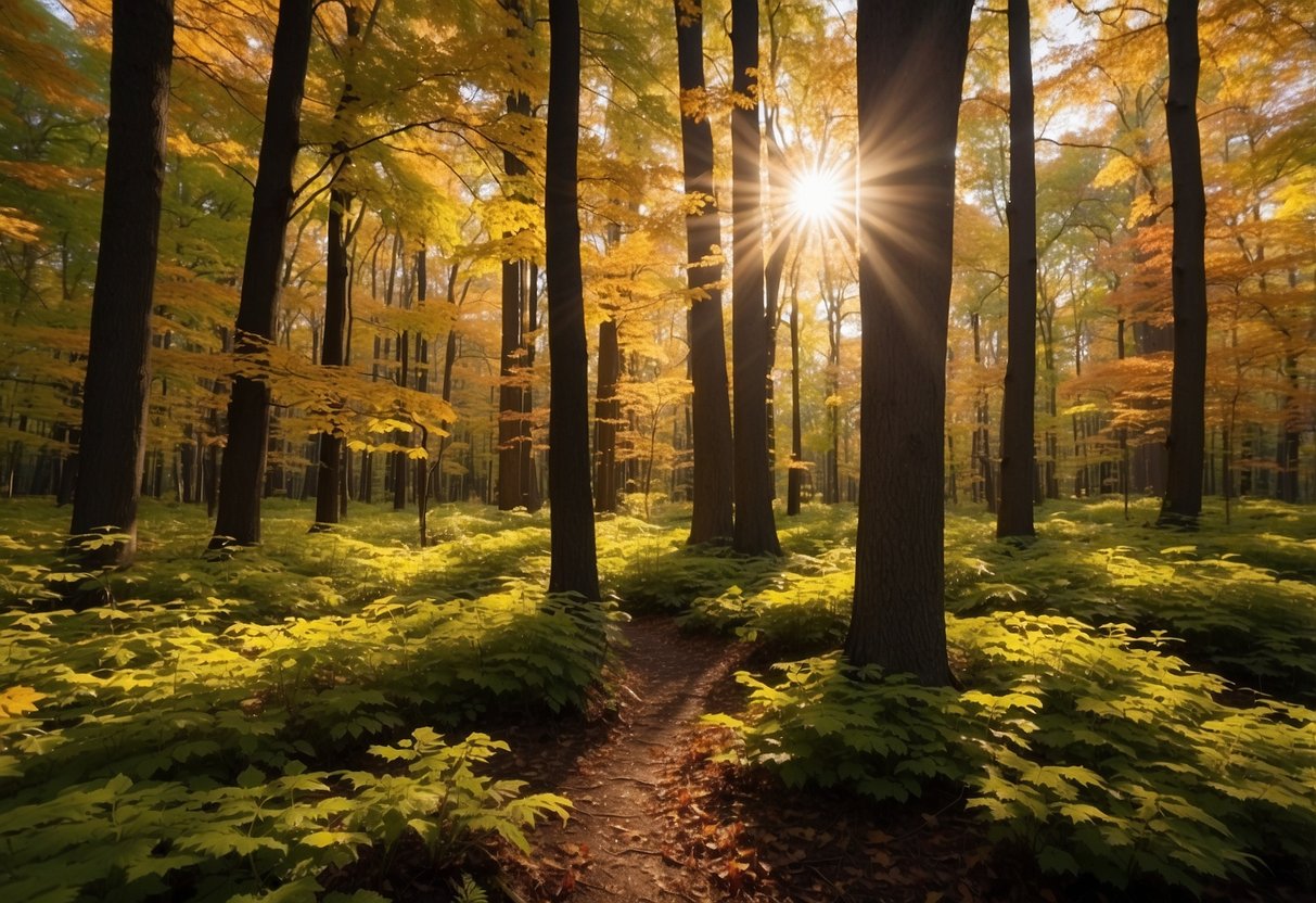 A diverse forest of Wisconsin maple trees, showcasing their various shapes, sizes, and vibrant foliage. Sunlight filters through the dense canopy, illuminating the forest floor with a warm, golden glow