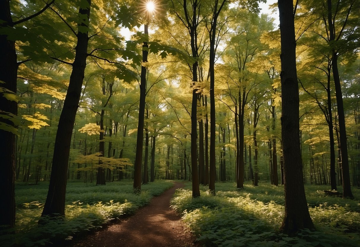 A variety of maple trees stand tall in a Wisconsin forest, their leaves displaying shades of green, yellow, and red