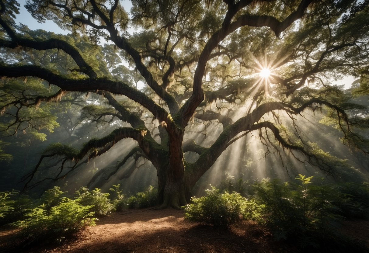 Sunlight filters through the dense canopy of towering oak trees in the North Carolina forest. Their gnarled branches reach towards the sky, creating a majestic and ancient landscape