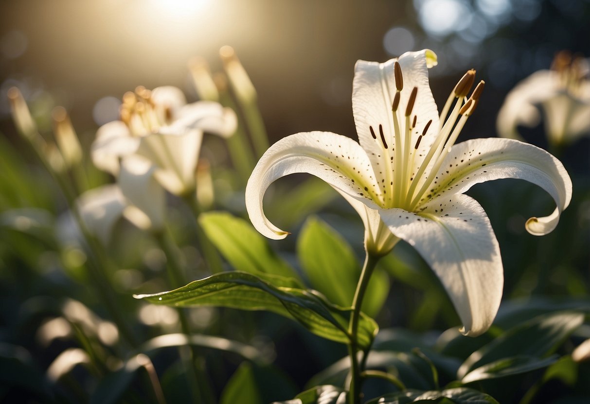 Lily-like plants sway in a gentle breeze, their delicate petals and long, slender leaves reaching towards the sunlight