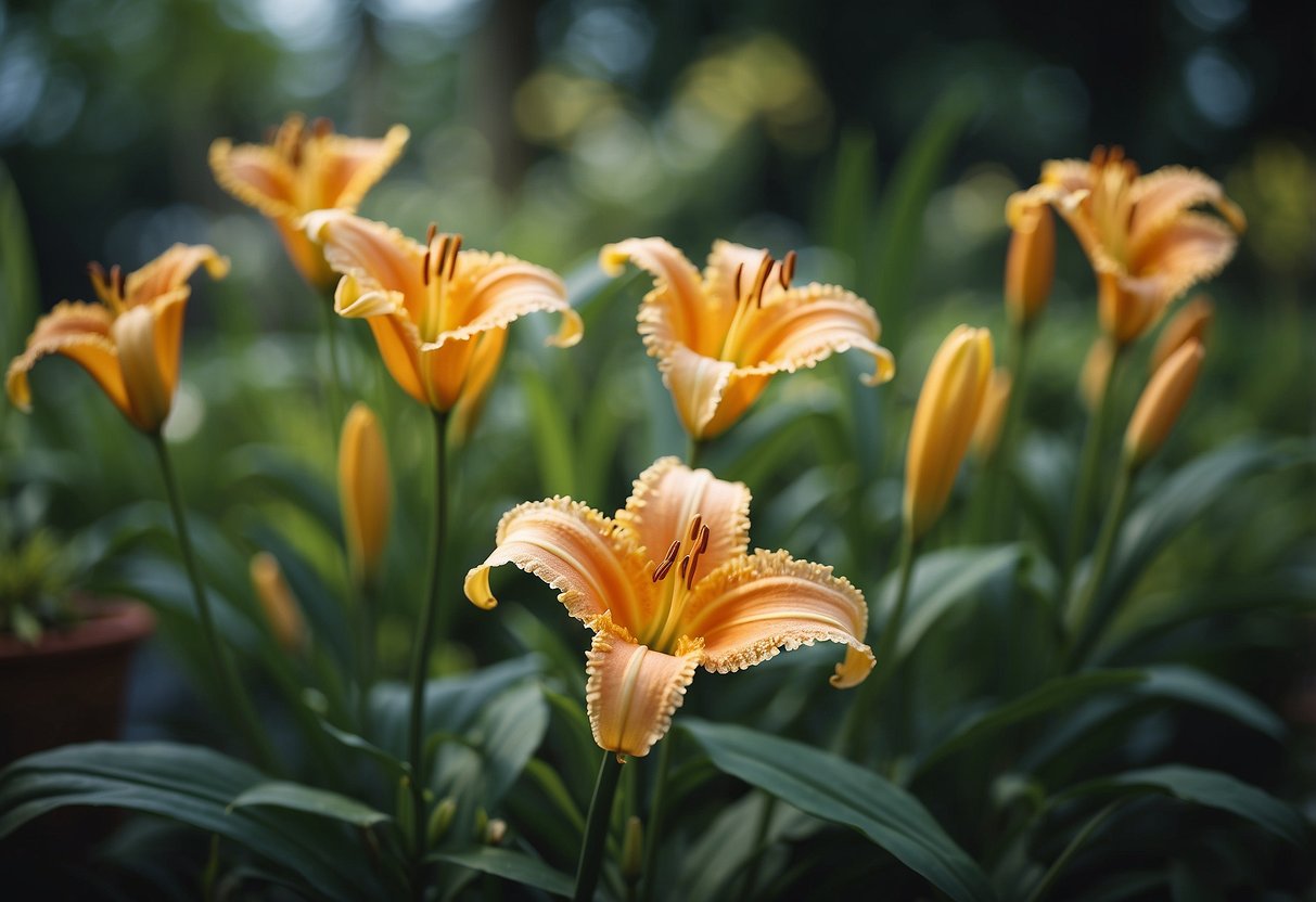 Various plants resembling lilies, such as daylilies and peace lilies, are arranged in a botanical garden for identification