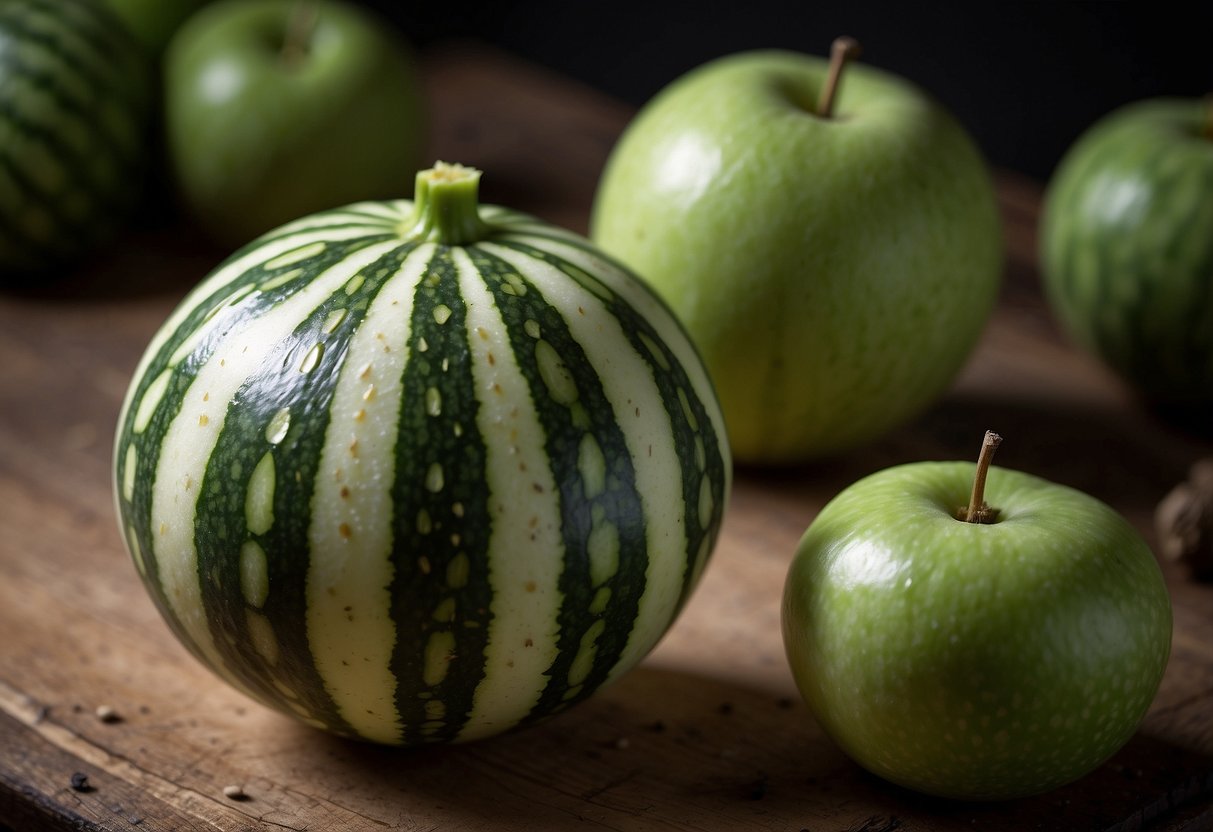 A round, green and white striped fruit with black seeds, resembling a watermelon but smaller in size