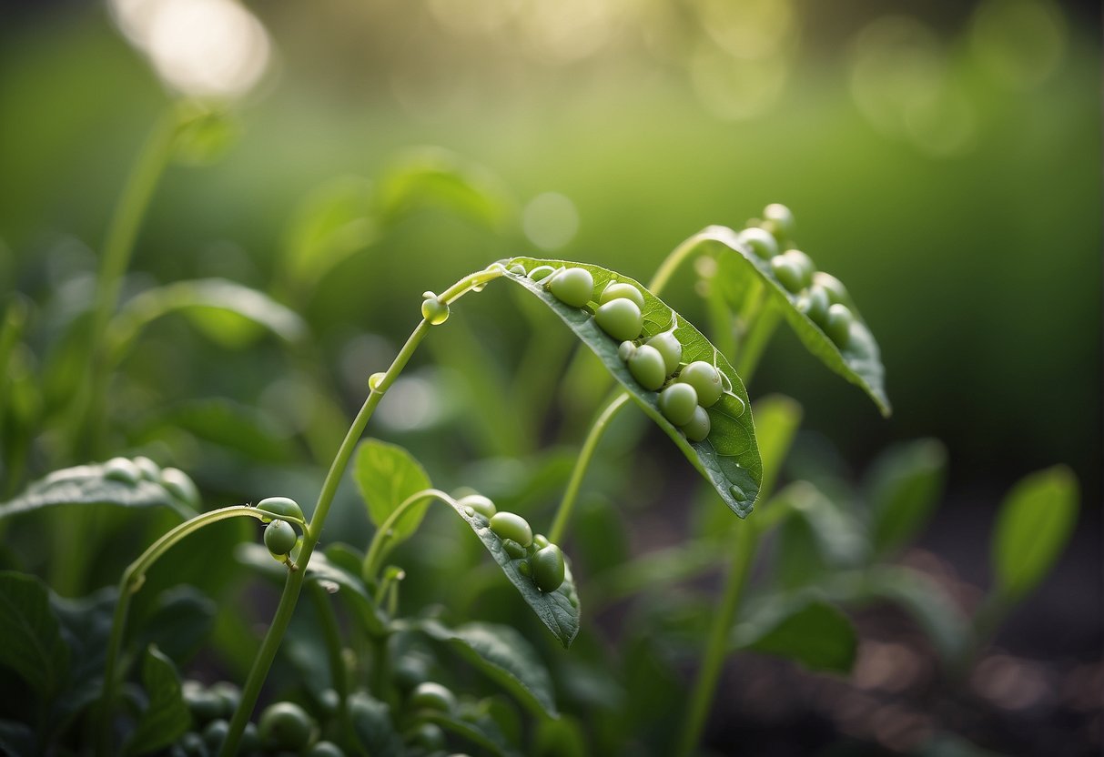 Lush green weeds resembling peas, with delicate tendrils and small, round leaves