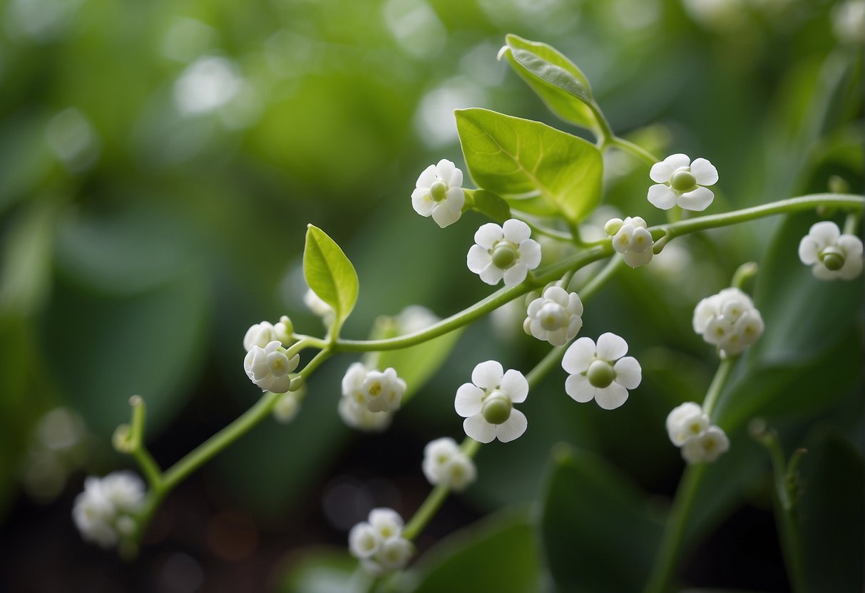 Green vine-like plants with small round leaves and delicate white flowers resembling peas, growing among garden vegetables