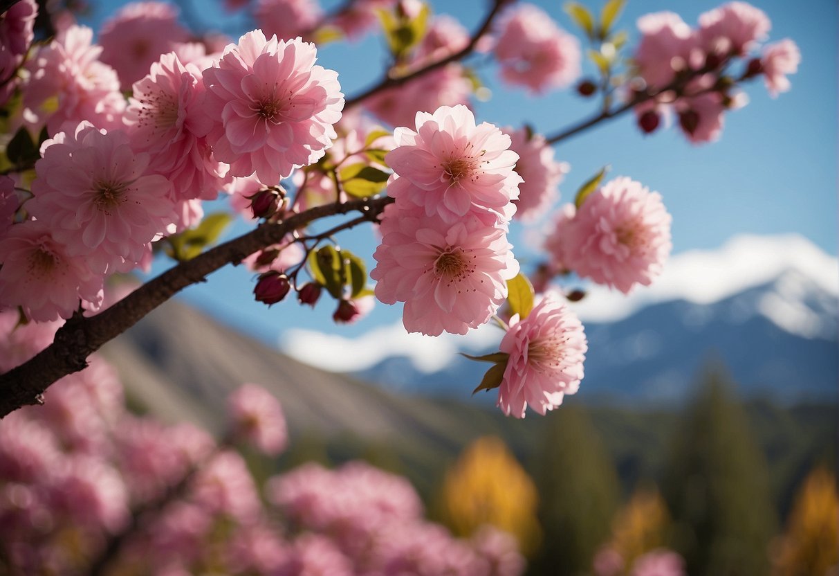 Vibrant pink flowering trees stand out against the backdrop of the Colorado mountains, creating a stunning contrast of colors in the landscape