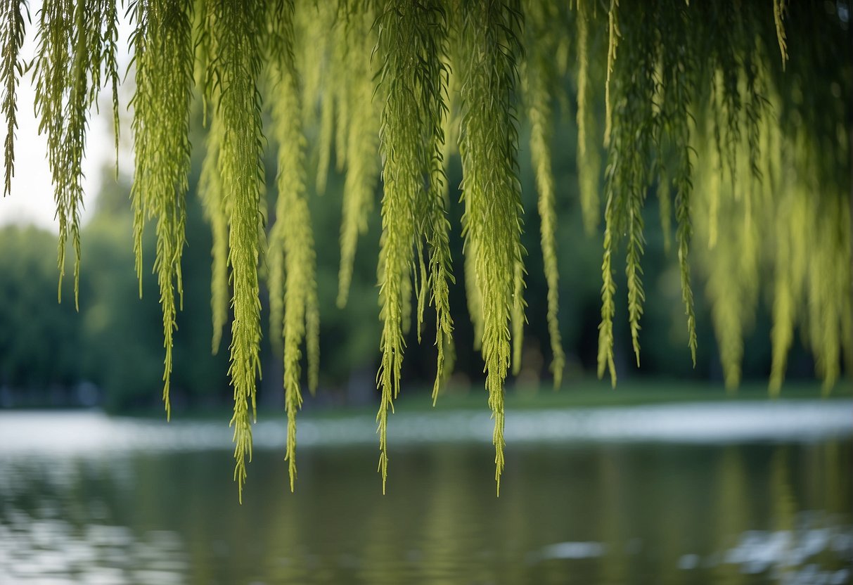 A weeping willow tree droops over a tranquil pond, its long, slender branches creating a curtain of green cascading leaves