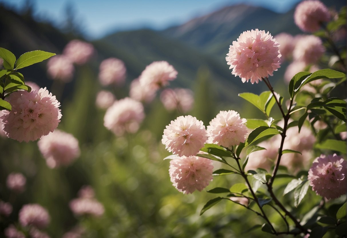 Pink flowering trees stand tall in the Colorado landscape, their delicate blossoms swaying gently in the breeze. The soft pink petals create a stunning contrast against the vibrant green foliage, adding a touch of natural beauty to the scene