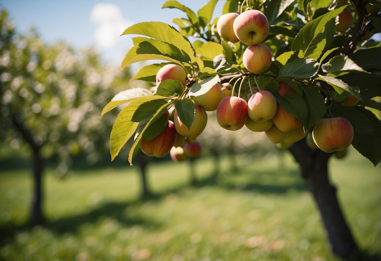 Lush apple, peach, and cherry trees thrive in an Indiana orchard, their branches heavy with ripe, colorful fruit