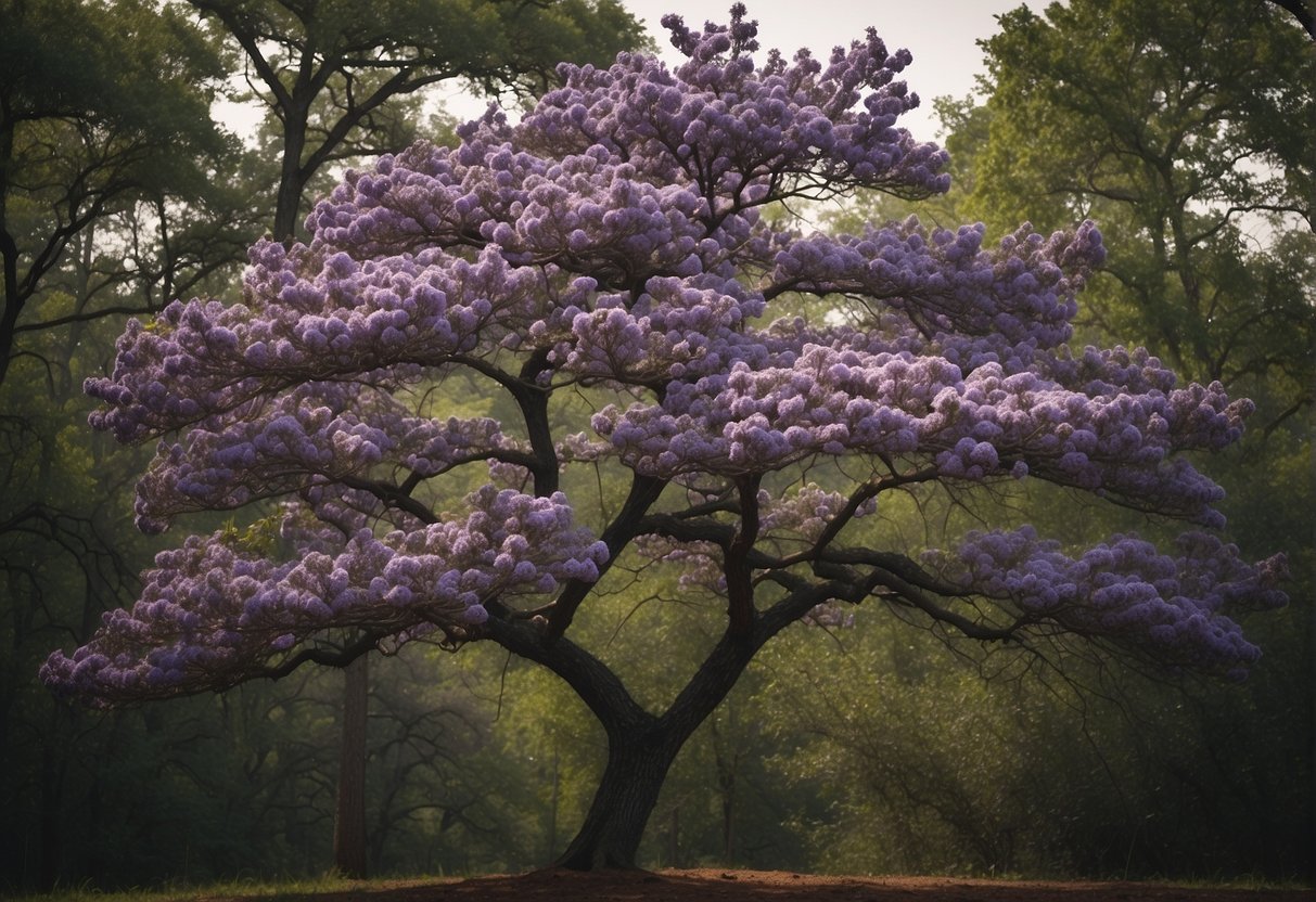 The purple flower tree stands tall in the Alabama landscape, its branches reaching out to the sky. The vibrant blooms attract various insects and birds, contributing to the ecological impact and selection in the area