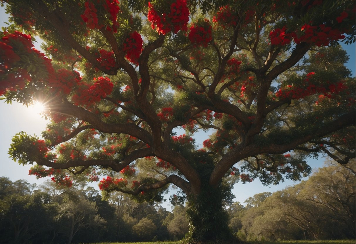 A vibrant red flower tree stands tall in the lush landscape of Florida