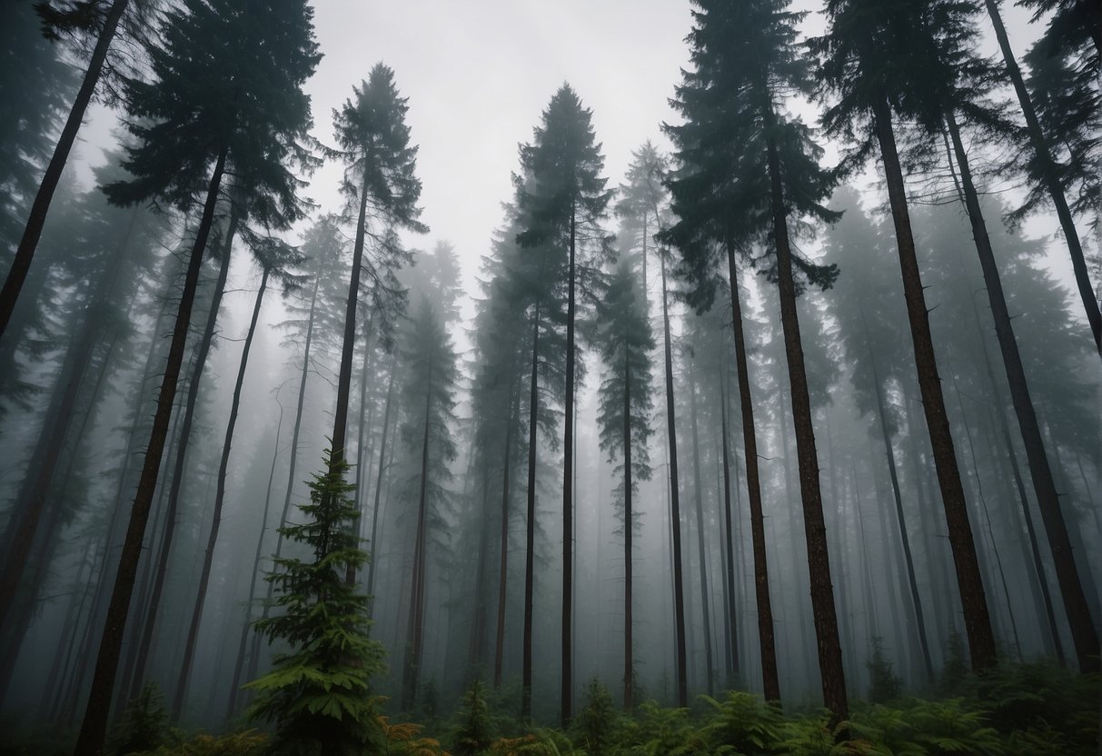 Tall pine trees stand against a misty backdrop in Seattle. The trees are clustered together, with their long, thin needles creating a dense and lush canopy