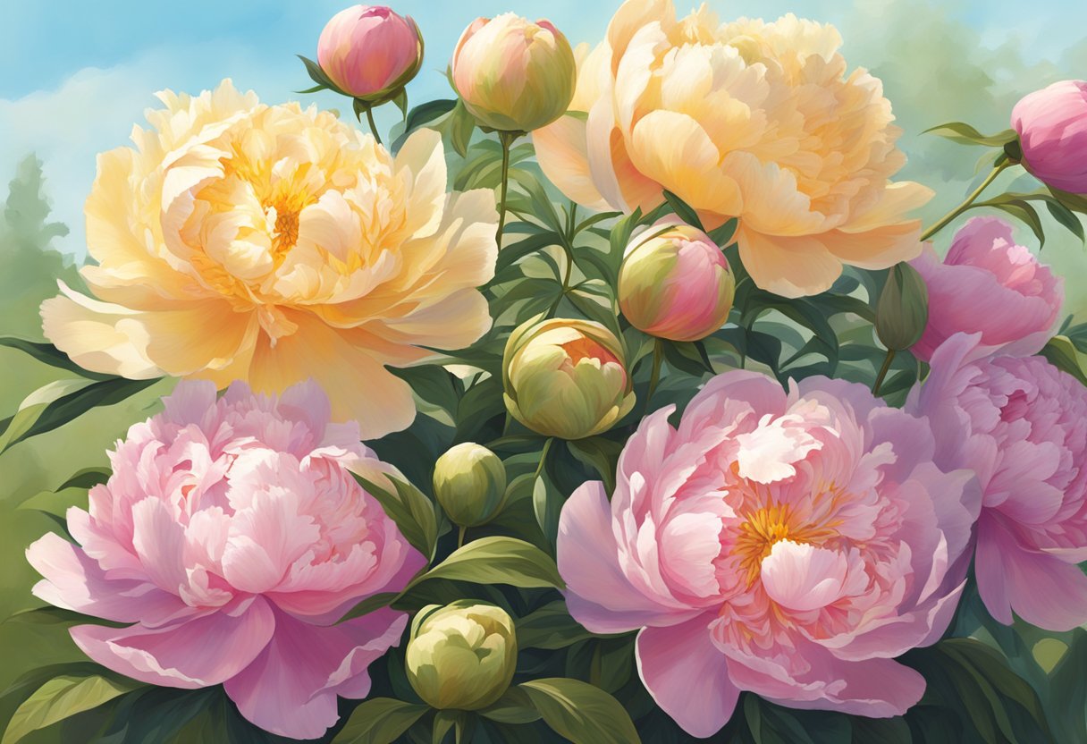 Lush peonies bask in bright sunlight, their vibrant petals soaking up the warm rays