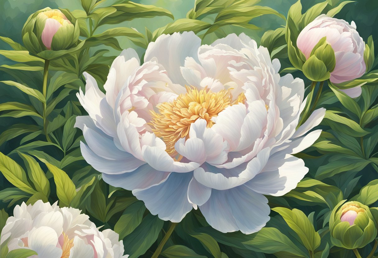 A peony plant basks in full sun, with its vibrant petals unfurling under the warm rays, surrounded by lush green foliage