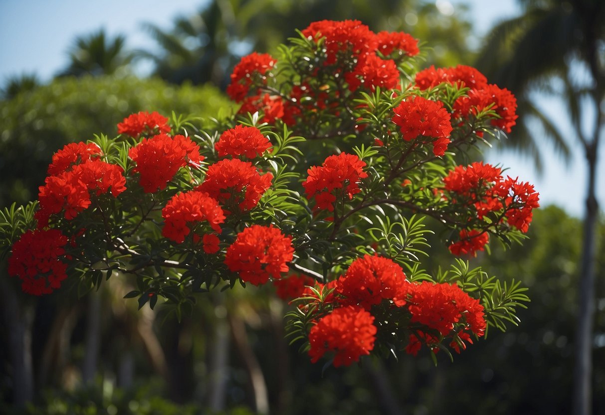 A tall tree in Florida with vibrant red flowers blooming on its branches. The lush green leaves provide a striking contrast to the bright red blooms