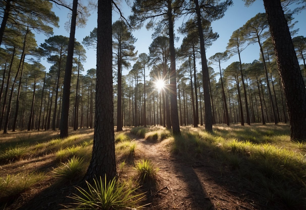 Tall pine trees stand against a bright blue sky in a Florida forest. Sunlight filters through the dense branches, casting dappled shadows on the ground