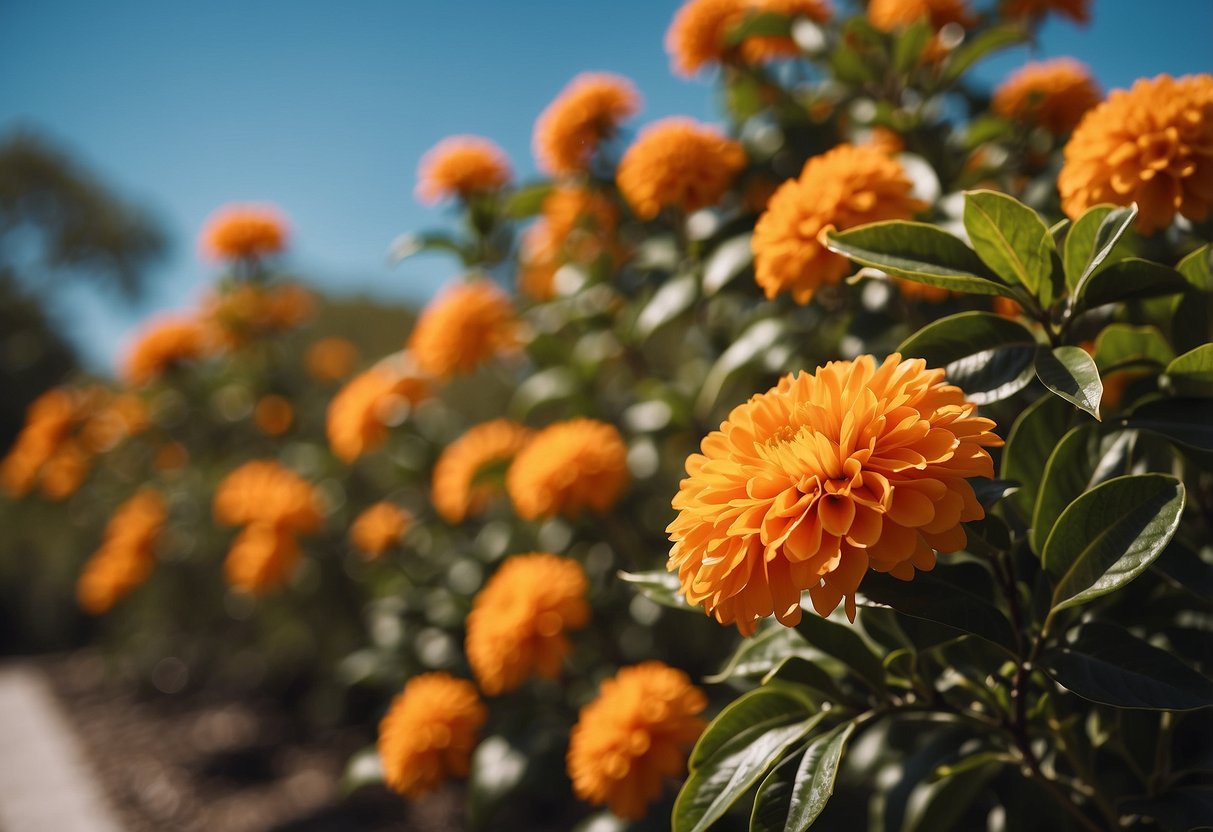 Orange flower trees bloom in a Florida landscape under a clear blue sky