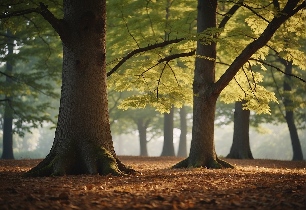 An illustration of various oak tree species in a Wisconsin forest, showcasing their distinct leaves, bark, and overall shape