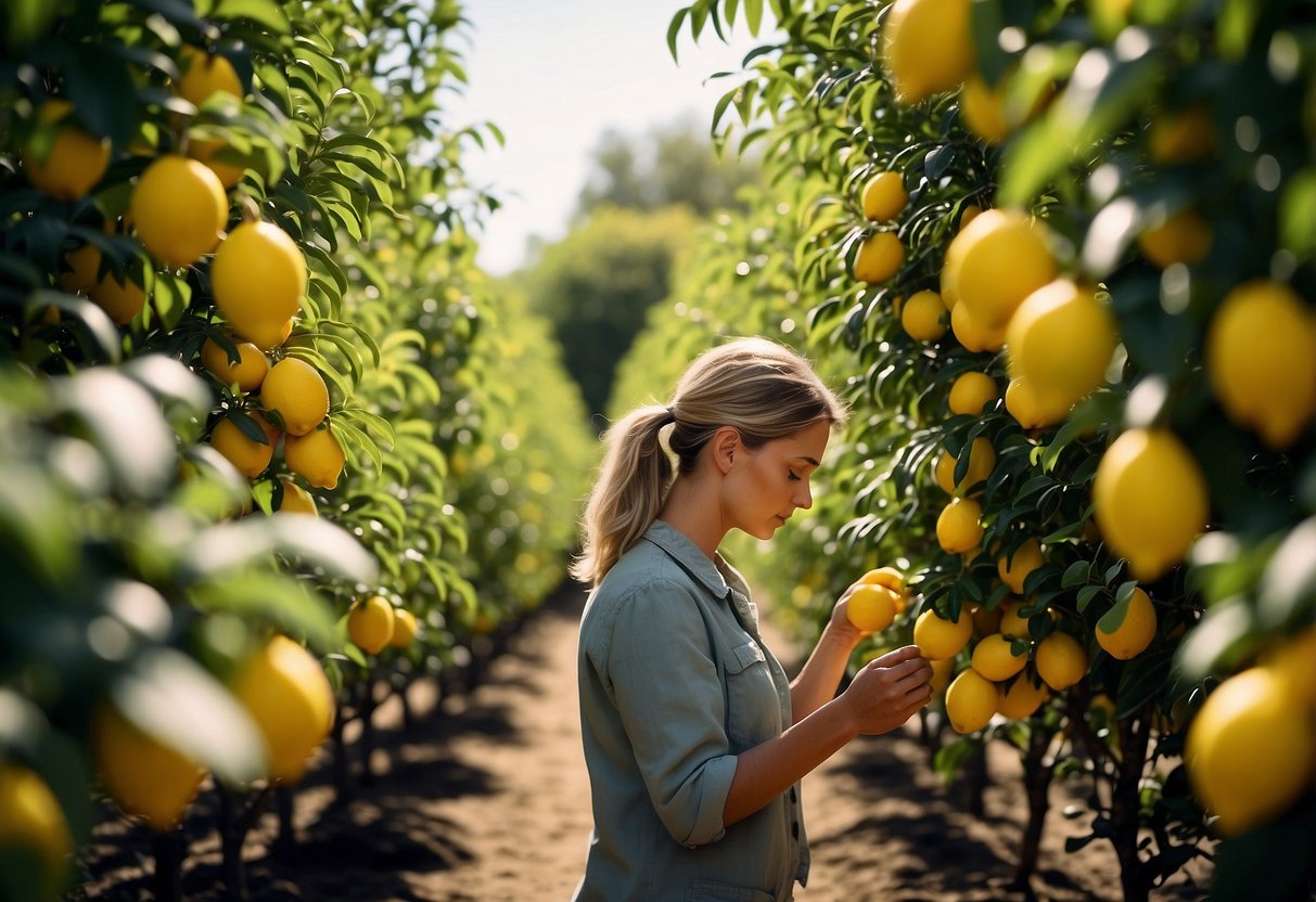 A person carefully examines lemon trees in a nursery, considering their hardiness for Zone 7 climate. The sun shines down on rows of green foliage and vibrant yellow fruit