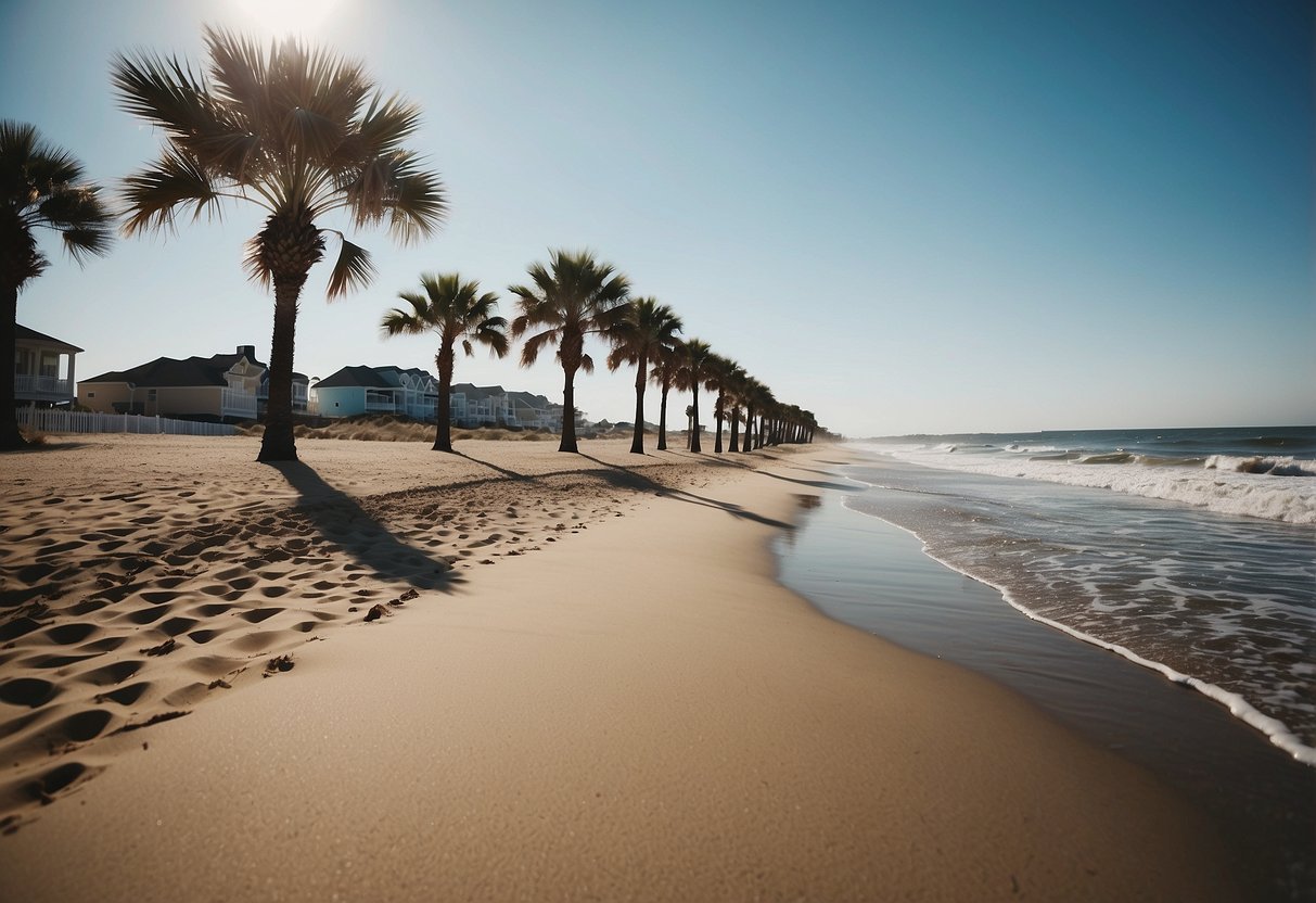 Palm trees line the sandy shore of Virginia Beach, swaying in the gentle ocean breeze