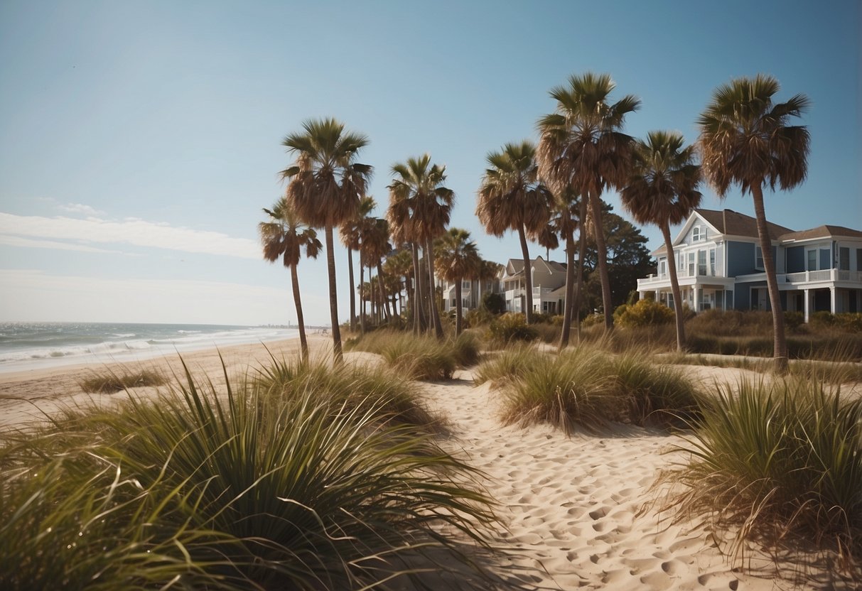 Palm trees sway in coastal breeze, surrounded by sandy soil and carefully tended gardens in Virginia Beach