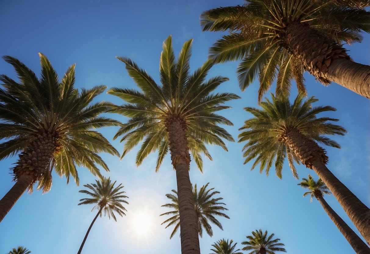 Tall palm trees sway in the gentle breeze of Zone 6, their long, slender leaves rustling in the wind against a backdrop of clear blue skies