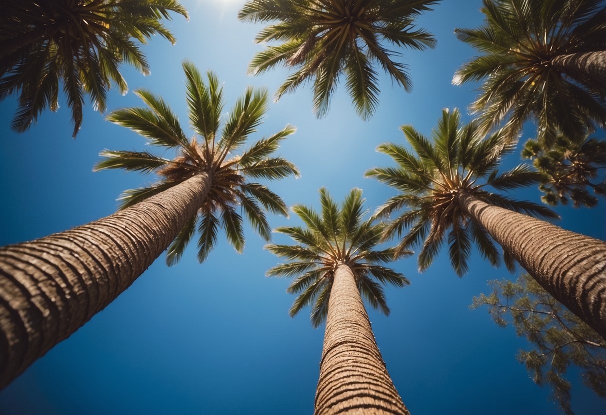 Tall palm trees sway in the gentle breeze against a backdrop of clear blue skies in Alabama