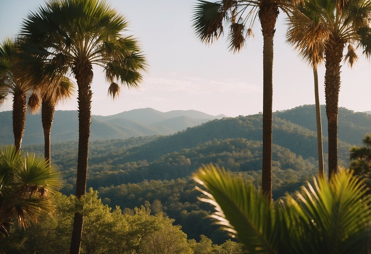 Palm trees sway in the warm breeze against a backdrop of Alabama's rolling hills and lush greenery