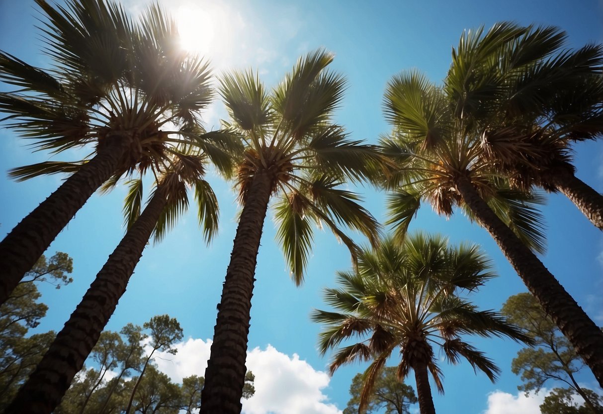 Tall palm trees sway in the warm Alabama breeze, their fronds rustling against the blue sky