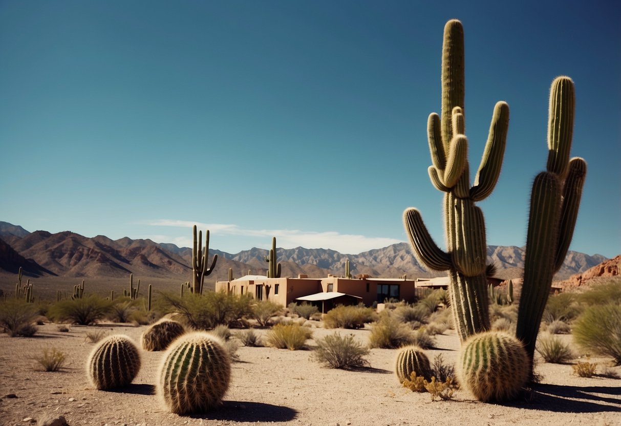 A desert landscape with cacti and adobe buildings, under a bright blue sky, with no palm trees in sight