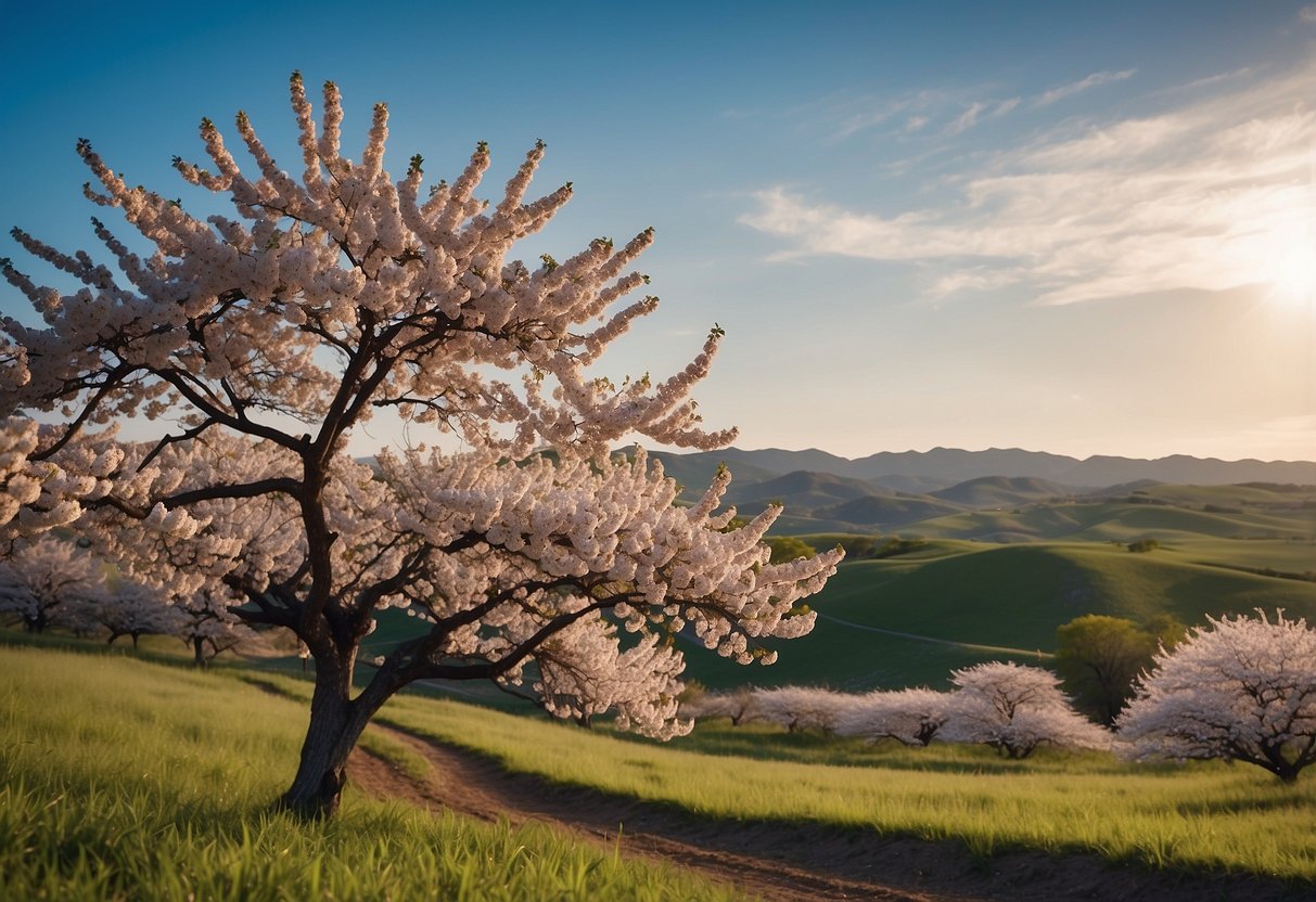 Cherry blossoms bloom in a Texas landscape, with a lone tree standing against a backdrop of blue skies and rolling hills