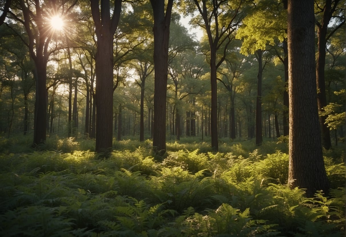 A dense forest of various oak trees thrives in Wisconsin, providing vital habitat for wildlife and serving as a source of lumber, fuel, and food