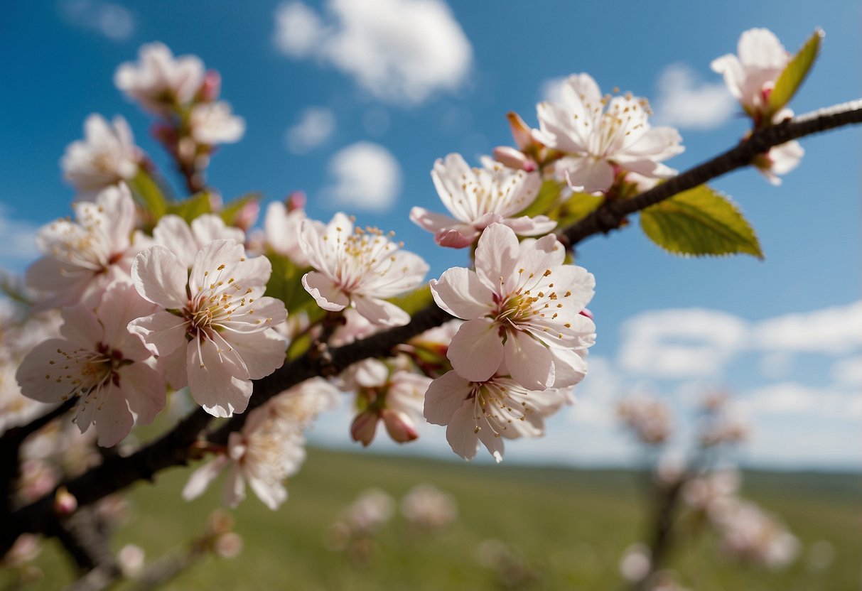 Cherry blossoms bloom in a Texas landscape, with rolling hills and a clear blue sky, showcasing the regional considerations and locations where they can thrive