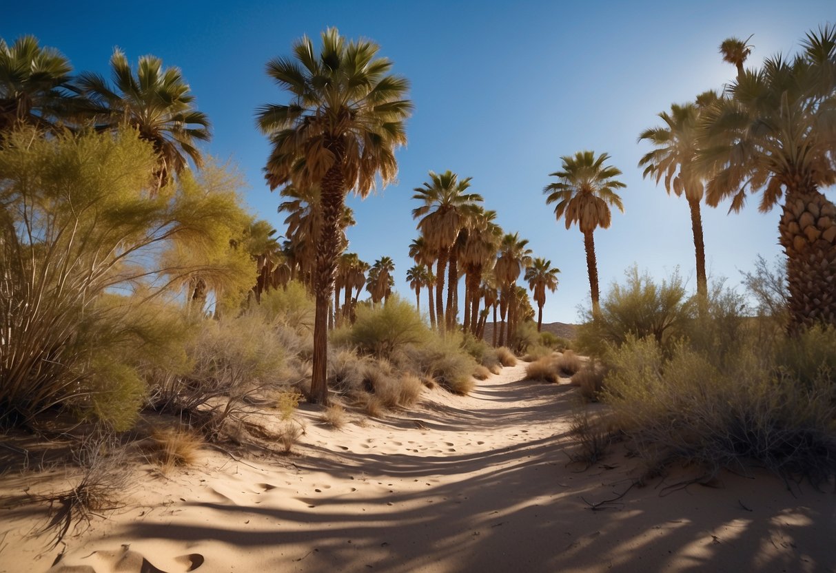 Tall palm trees sway in the desert breeze of New Mexico. Sand dunes stretch out beneath the clear blue sky