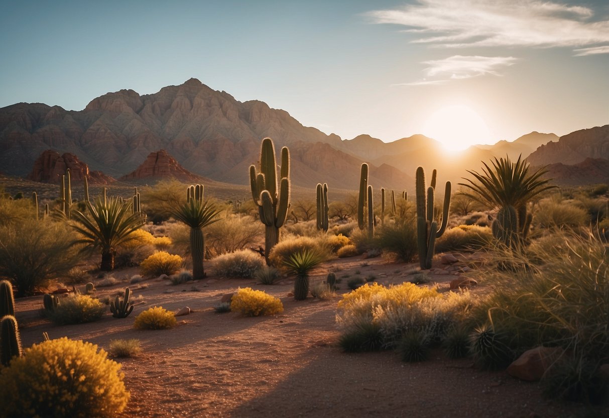 Palm trees sway in the desert breeze, surrounded by red rock formations and cacti. The sun sets behind the mountains, casting a warm glow over the landscape
