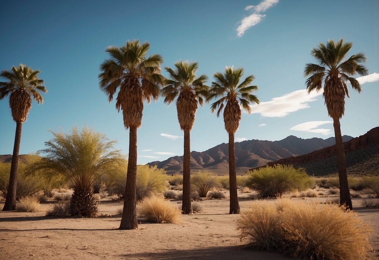 Tall palm trees sway in the dry desert breeze of New Mexico, their long, slender trunks reaching up towards the cloudless sky