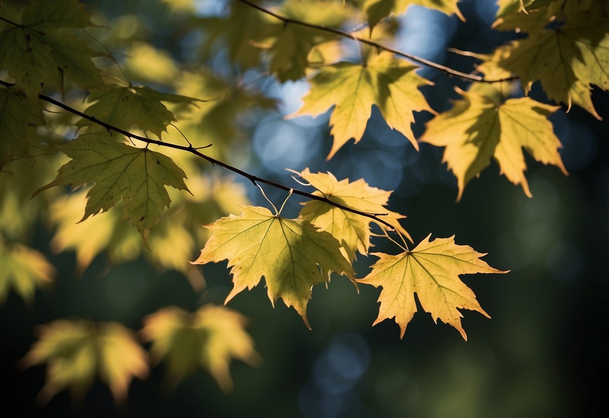 Maple trees in Alaska show smaller leaves and thicker bark, adapting to the harsh climate. They are distributed in clusters near water sources and in sheltered areas