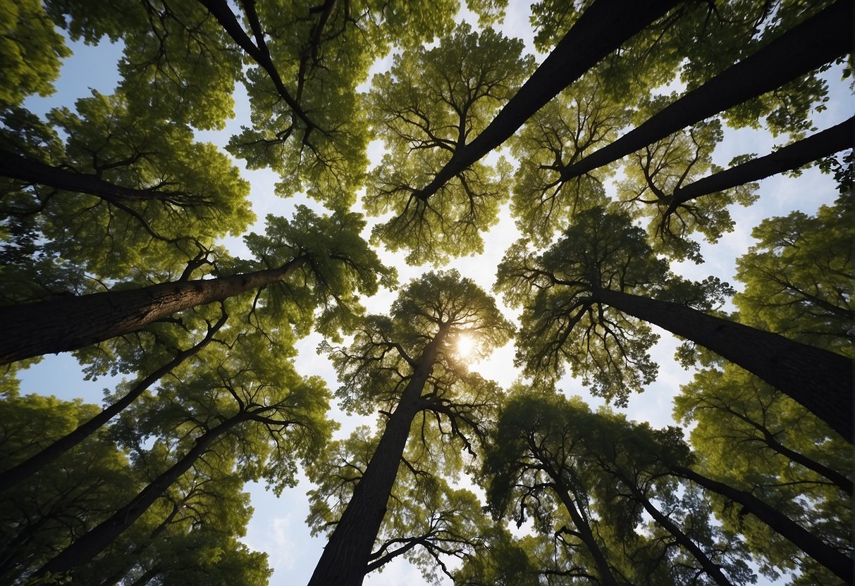 Several types of oak trees stand tall in a Wisconsin forest, their branches reaching toward the sky, and their leaves rustling in the gentle breeze