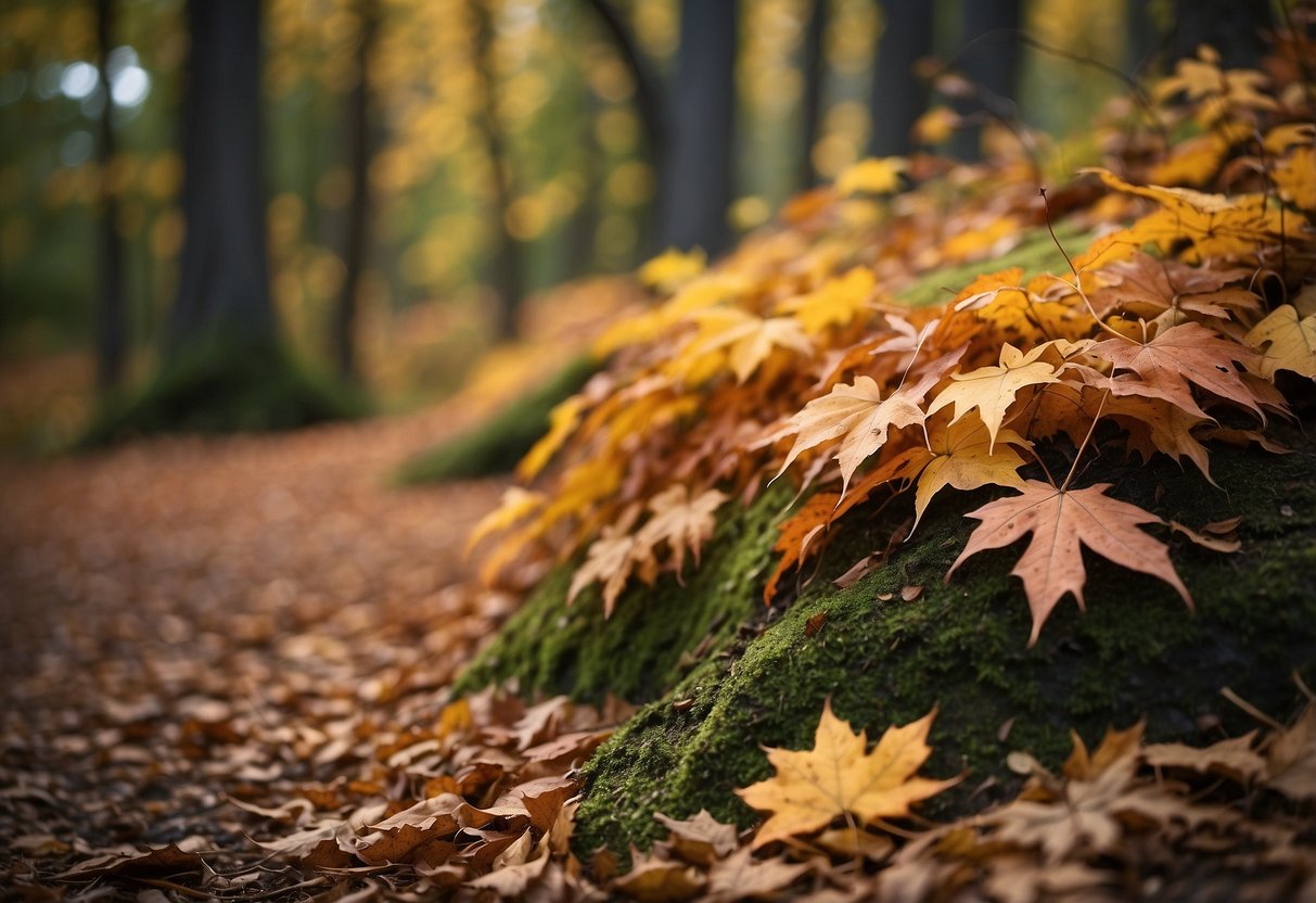 A lush forest floor with various maple trees, including sugar maples, red maples, and silver maples, showcasing their distinct leaf shapes and vibrant autumn colors