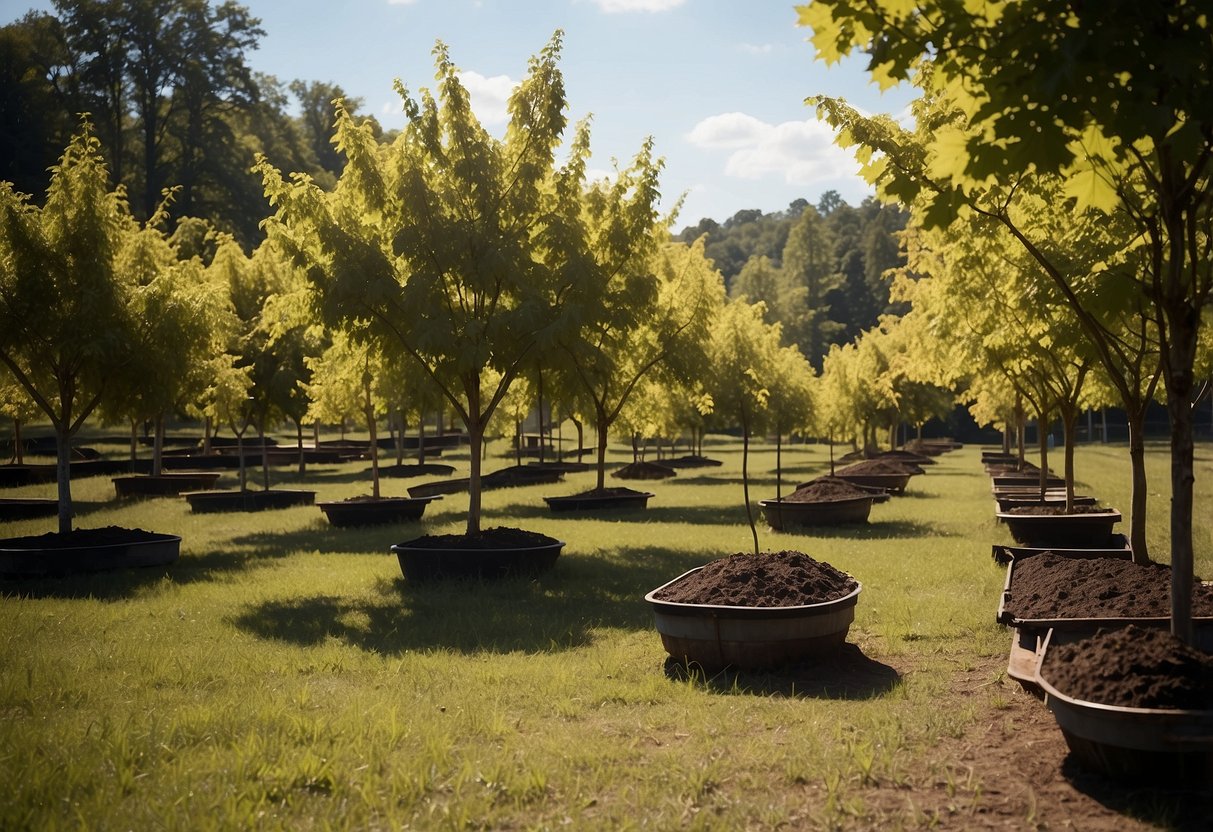 Maple trees being tended to in Tennessee, with various cultivation methods on display