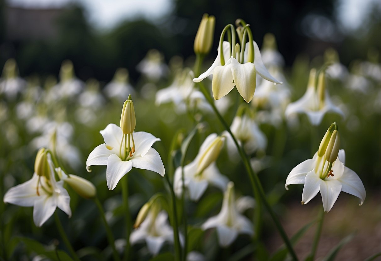 Vibrant, white-petaled flowers with long, slender stems and delicate, trumpet-shaped blooms resembling lilies